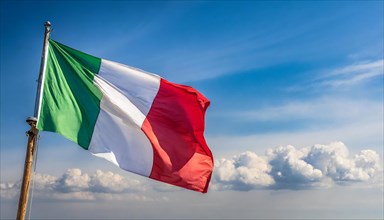 The flag of Italy flutters in the wind, isolated against a blue sky