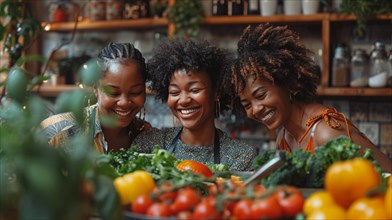 Three joyful women engage in preparing food together, surrounded by fresh vegetables in the
