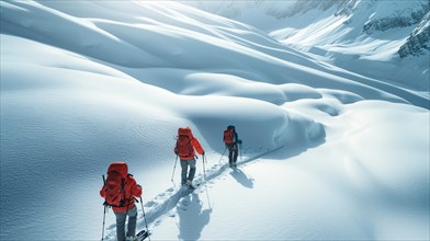 Two climbers with backpacks making their way through pristine alpine snow, AI generated
