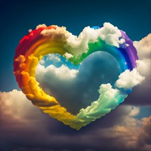 Huge rainbow heart in the sky with white clouds. Symbolic image of love. Generative AI image, AI