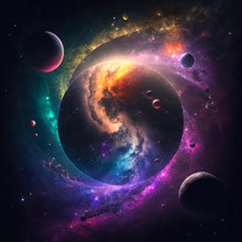 Representation of the universe with planets, nebulae and huge black hole. Generative AI image, AI