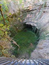 View into a deep natural pit with lush greenery, El Pozo de los Aines, Grisel, Tarazona, Spain,