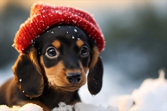 Cute Dachshund dog with red knitted hat in snow. KI generiert, generiert, AI generated