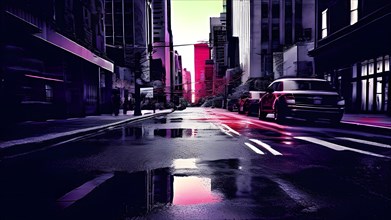 AI generated bustling street scene monochromatic snapshot with colorful digital elements