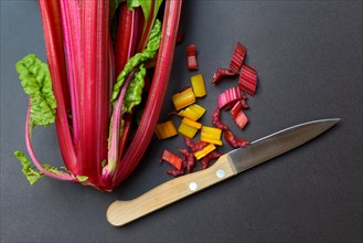 Chard with knife and chopped stems, Beta vulgaris