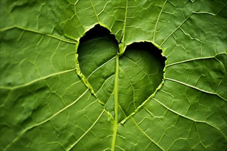 Heart shaped hole in plant leaf. KI generiert, generiert, AI generated