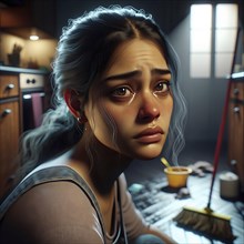 CGI depiction of a worried young woman in a messy kitchen, AI generated