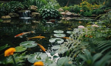 A garden pond adorned with koi fish swimming among water lilies and lush greenery AI generated