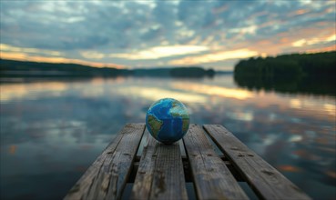 An Earth globe placed on a wooden dock overlooking a calm lake with a picturesque sky AI generated