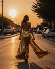 Beautiful young woman in a long yellow dress walking on the street at sunset. ai generative, AI