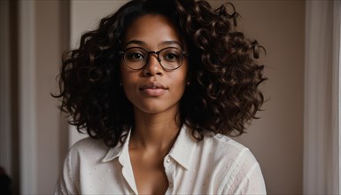 Portrait of a beautiful young african american woman in eyeglasses outdoors. ai generative, AI