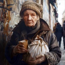 Elderly lady holding paper bags, looking tired and worried, city in the background, AI generated