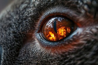 Close up of Koala bear's eye with reflection of burning forest. KI generiert, generiert, AI