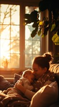 A mother is holding a sleeping baby on her chest.The scene is warm and cozy, with the sun shining
