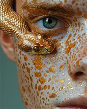 A personal close-up with glitter-freckled caucasian skin blue eyed model and a golden snake