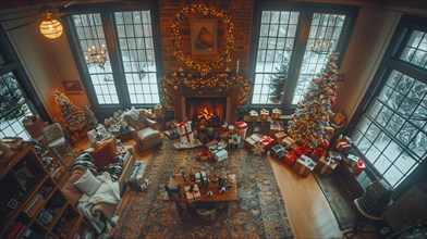 A grand living room warmly decorated for the holiday season, with a fireplace and Christmas trees,