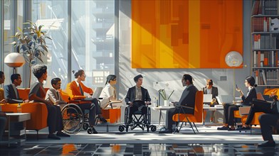Modern office meeting with a diverse group of colleagues, including an individual in a wheelchair,