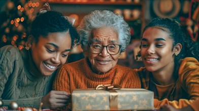 A joyful family moment with an elderly woman receiving a gift surrounded by Christmas lights and