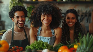 A convivial scene of three diverse vegan friends cooking and sharing a laugh together in a kitchen,