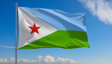 The flag of Djibouti, Djibouti flutters in the wind, isolated, against the blue sky