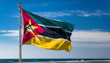 The flag of Mozambique, fluttering in the wind, isolated, against the blue sky