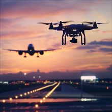 A drone in the foreground with a landing aircraft at sunset in the background, drone, attack, AI