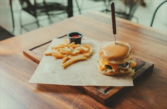 Appetizing burger with fries served on a wooden table. Traditional hamburger with fries served on a