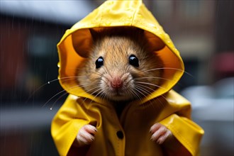 Cute mouse with yellow raincoat in rain. KI generiert, generiert, AI generated