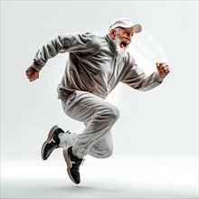 An older man with a baseball cap jumps energetically in grey sportswear, run, start, advertising,