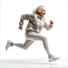 Older woman in grey sportswear runs with energy on a white background, start running, start,