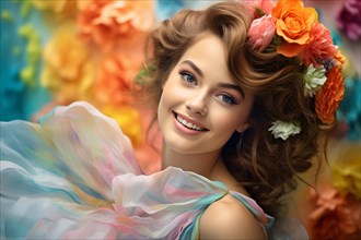 Smiling young woman with elegant bridal hairdo and colorful flowers. KI generiert, generiert, AI