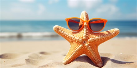Funny starfish with sunglasses at beach. KI generiert, generiert, AI generated