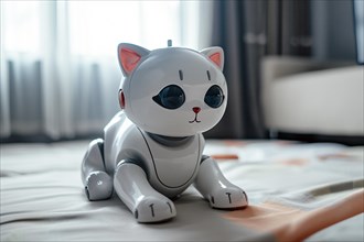 Cute white robotic cat on living room floor. KI generiert, generiert, AI generated