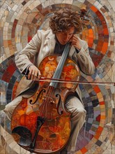 A realistic painting of a cellist playing against a vibrant mosaic background, AI Generated, AI