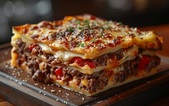 Cheesy lasagna piece on wood background with herbs sprinkled on top, AI Generated, AI generated