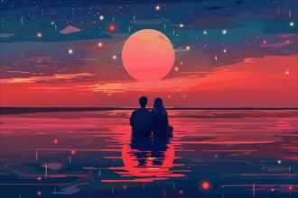 A couple sits on the shore and enjoys a romantic sunset over the sea, AI generated, AI generated