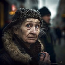 Image of an elderly woman in a knitted hat looking sadly into the distance, AI generated