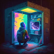 Exploring the unknown: surreal cosmic space wardrobe gateway with vibrant colors and a hooded male