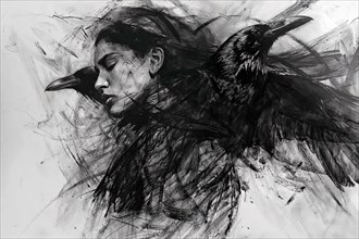 A drawing of a relaxed woman, united with two ravens in monochrome colours, raven woman, cover