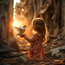 A child stands between ruins and holds a dove, the light of the sunset surrounds her, destroyed