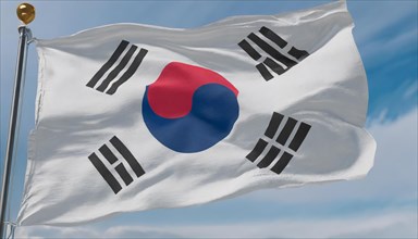 The flag of Korea, South Korea flutters in the wind, isolated against a blue sky