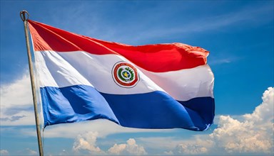 The flag of Paraguay flutters in the wind, isolated against a blue sky