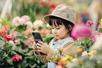 A girl in a hat looks intently at her smartphone in a flower garden, AI generated, AI generated