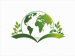 Graphic of the Earth with leaves and an open book symbolizing environmental education, ai