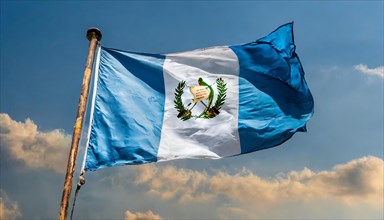 The flag of Guatemala, fluttering in the wind, isolated, against the blue sky