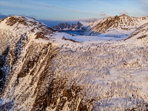 Aerial view of a fell and Bergen, winter, view of Tungeneset, Senja, Troms, Norway, Europe