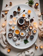 Serene spa setting captured from above, featuring candles, essential oils, and natural elements, AI