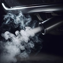 Clouds of smoke rise dynamically from the exhaust pipe of a car, AI generated