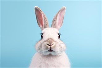 White rabbit on blue studio background. KI generiert, generiert, AI generated