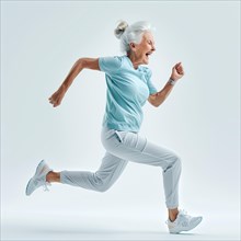 Cheerful older woman runs in light blue sportswear with seemingly effortless ease, run, start,